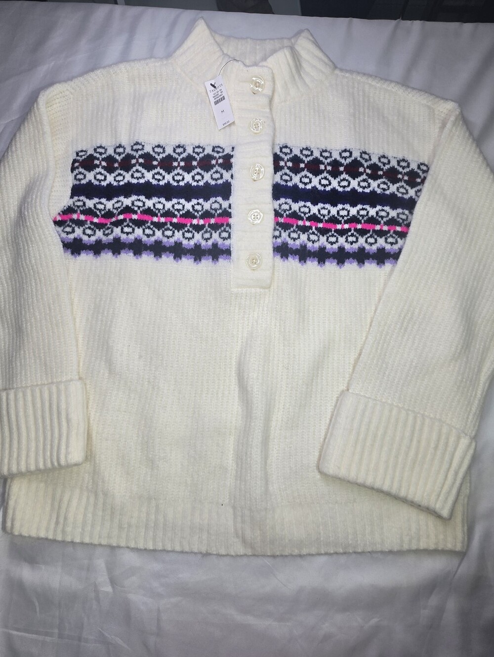 Talbots Fair Isle Nordic Mock Neck Sweater Cream Size M NWT